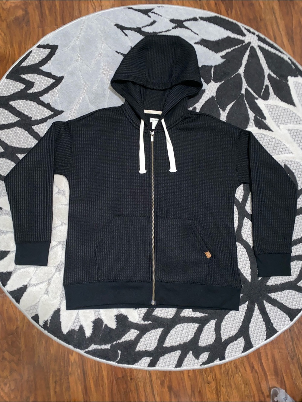 LL Bean Woman’s Black Zip-Up Hooded Sweater Waffle Texture